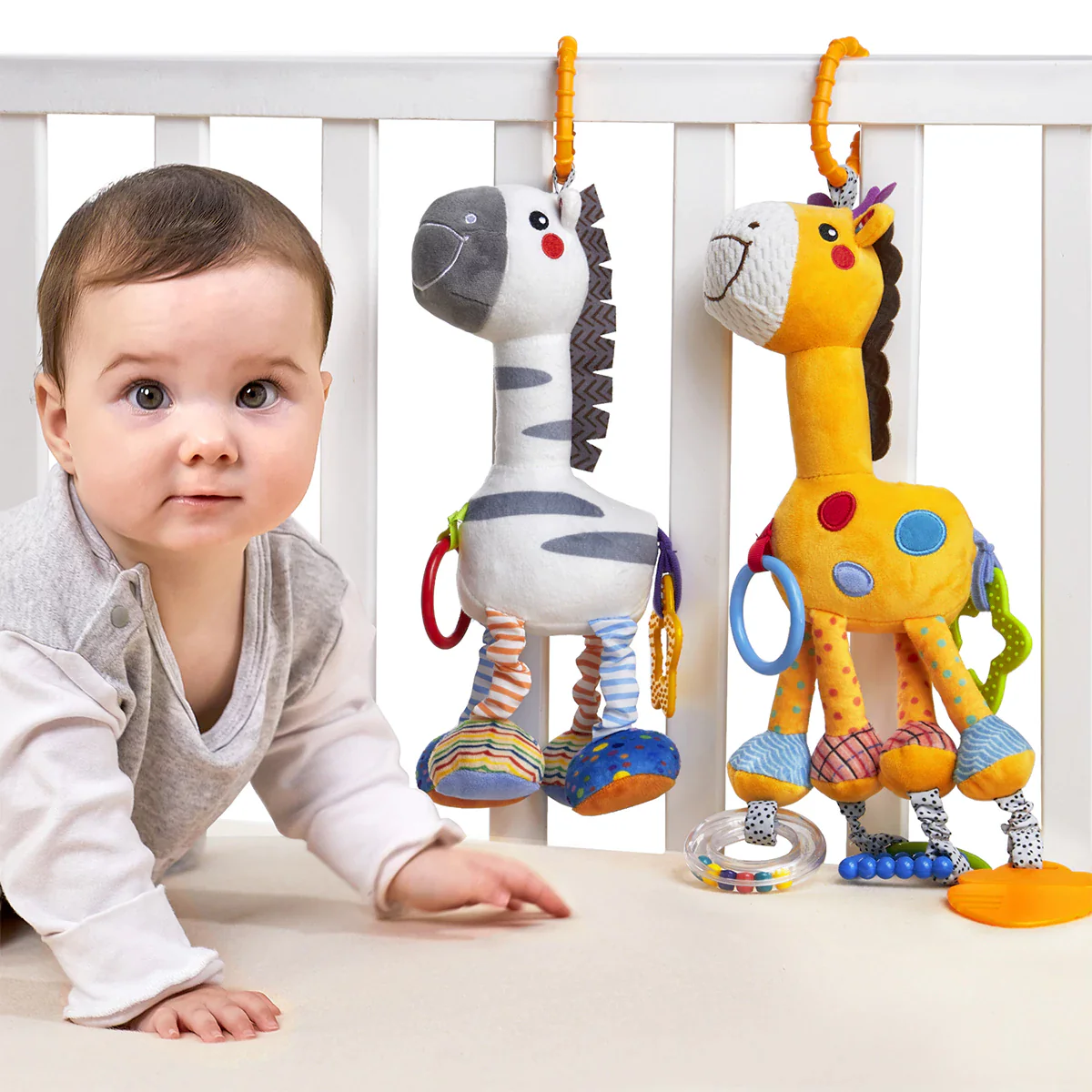 Peluche d'activités girafe et zèbre pour découverte sensoriel